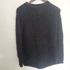 Aran Cable Knit Crewneck Sweater Charcoal Gray 100% Merino Wool Size Small